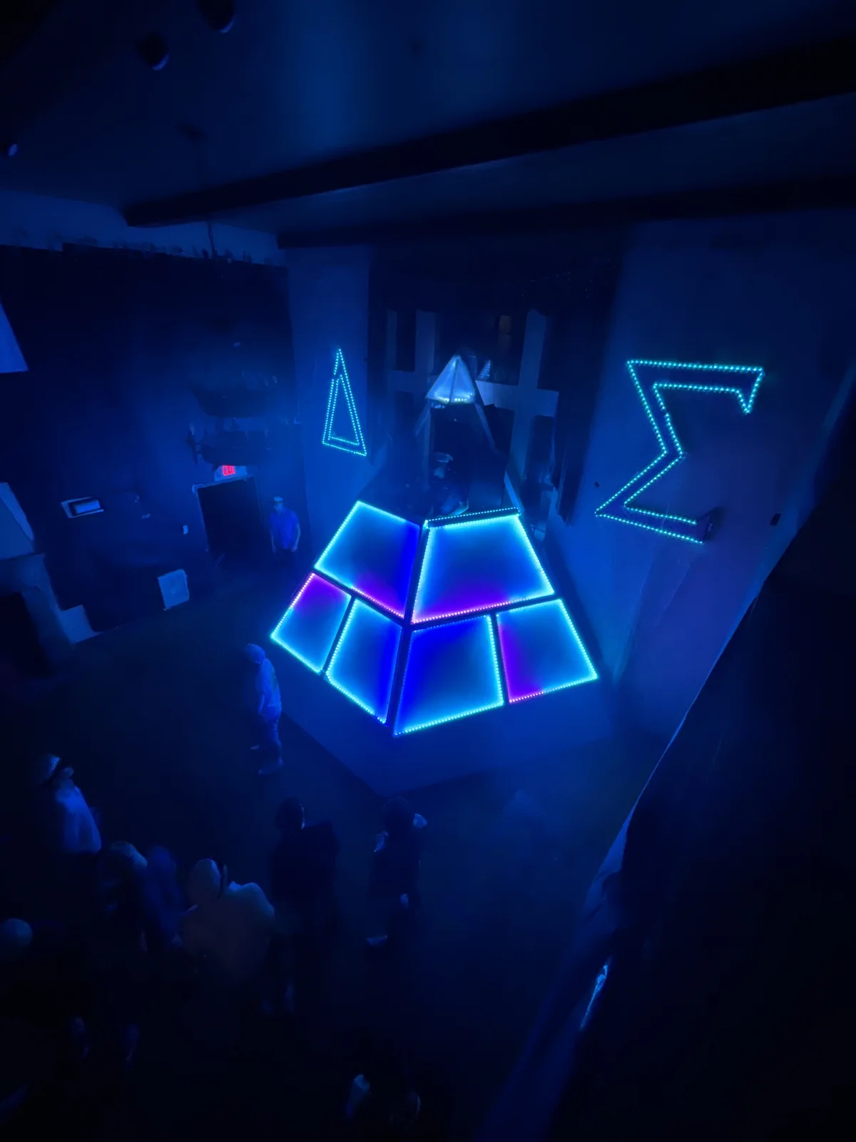 Completed collapsible 21-foot DJ pyramid and its construction